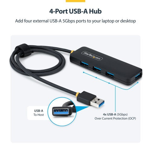 StarTech.com 4-Port USB-A Hub, 5Gbps, Bus Powered, USB-A to 4x USB-A Mini Hub, Extra Long 2ft/61cm Host Cable, PCR Plastic, Portable Desktop / Laptop USB Hub