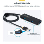 StarTech.com 4-Port USB-A Hub, 5Gbps, Bus Powered, USB-A to 4x USB-A Mini Hub, Extra Long 2ft/61cm Host Cable, PCR Plastic, Portable Desktop / Laptop USB Hub