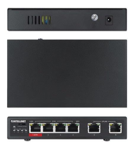 Intellinet 6-Port Fast Ethernet Switch with 4 PoE Ports (1 x High-Power PoE), One High-Power 60 W PSE PoE Port, Three IEEE 802.3at/af PSE PoE Ports, PoE Power Budget of 65 W, PoE Extend Mode, Two RJ45 Uplink Ports, VLAN