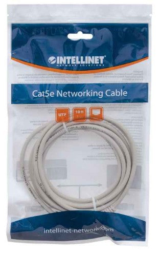 Intellinet Network Patch Cable, Cat5e, 3m, Grey, CCA, U/UTP, PVC, RJ45, Gold Plated Contacts, Snagless, Booted, Lifetime Warranty