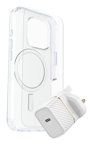 OtterBox Symmetry Series Clear for MagSafe + Premium Glass + Fast Charge Wall Charger USB-C 30W Type G for Apple iPhone 16 Pro