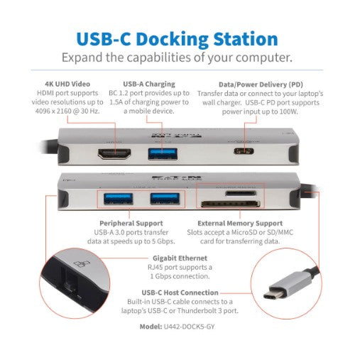 Tripp Lite U442-DOCK5-GY USB-C Dock - 4K HDMI, USB 3.x (5Gbps), USB-A/C Hub Ports, GbE, Memory Card, 100W PD Charging