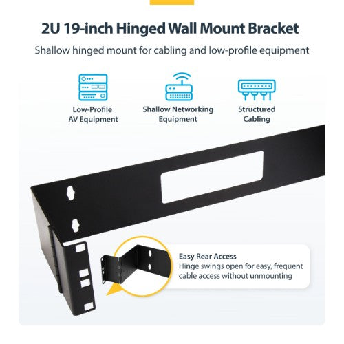 StarTech.com 2U Hinged Wall Mount Patch Panel Bracket - 6 inch Deep - 19" Patch Panel Swing Rack for Shallow Network Equipment- 22lbs