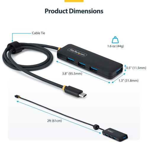 StarTech.com 4-Port USB-C Hub, 5Gbps, Bus Powered, USB-C to 4x USB-A Mini Hub, Extra Long 2ft/61cm Host Cable, PCR Plastic, Portable Desktop / Laptop USB Hub