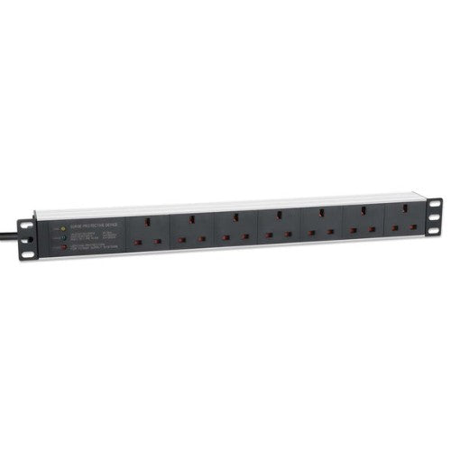 Intellinet 19" 1U PDU 7-way UK, Surge Protection, Rackmount, Power Distribution Unit, UK 3-pin outlets, 3m power cord, output
