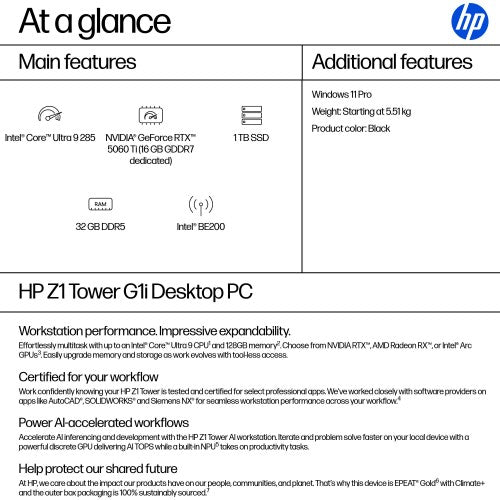 HP Z1 Tower G1i Intel Core Ultra 9 285 32 GB DDR5-SDRAM 1 TB SSD NVIDIA GeForce RTX 5060 Ti Windows 11 Pro Workstation AI Workstation, AI PC Black