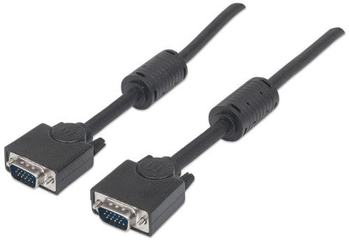 Manhattan VGA Monitor Cable (with Ferrite Cores), 3m, Black, Male to Male, HD15, Cable of higher SVGA Specification (fully compatible), Shielding with Ferrite Cores helps minimise EMI interference for improved video transmission, Lifetime Warranty