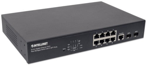 Intellinet 8-Port Gigabit Ethernet PoE+ Web-Managed Switch with 2 SFP Ports, IEEE 802.3at/af Power over Ethernet (PoE+/PoE) Compliant, 140 W, Endspan, Desktop, 19" Rackmount (UK power cord)