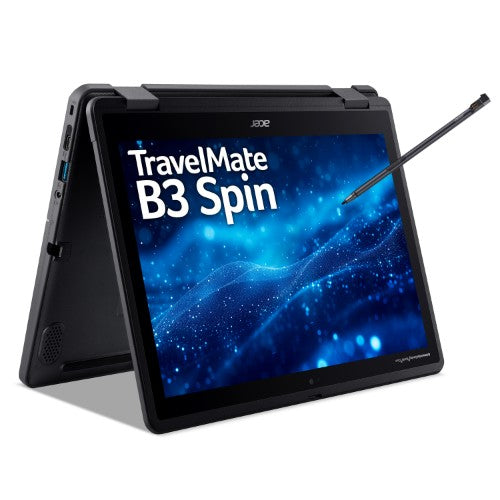 Acer TravelMate B3 Spin 12 – 12.2" WUXGA Touch, Intel N150, 8GB LPDDR5, 256GB SSD, AES 2.0 Stylus