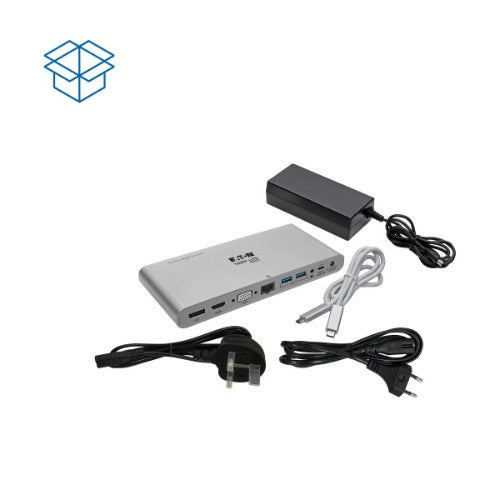 Tripp Lite U442-DOCK4-INT USB-C Dock, Triple Display - 4K HDMI/DisplayPort, VGA, USB 3.x (5Gbps), USB-A/C Hub Ports, GbE, 100W PD Charging, EU/UK Power Supply