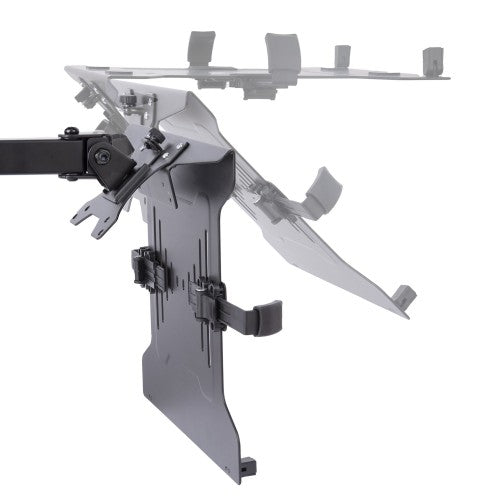 StarTech.com Monitor Arm with VESA Laptop Tray, For a Laptop (4.5kg/9.9lb) and a Single Display up to 32" (17.6lb/8kg), Black, Vented Tray, Adjustable Laptop Arm Mount, C-clamp/Grommet Mount