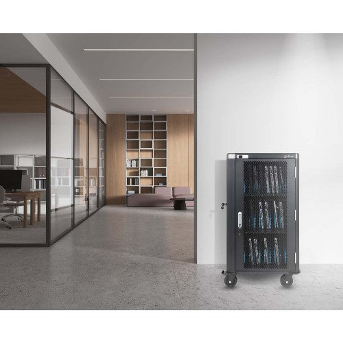 Manhattan Laptop Charging Cart/Trolley via AC Adapter (UK) x30 Bay, Install device's AC Adapter (power cables) into unit, Suitable for ALL laptops (to 15.6"), iPads, MacBooks, Chromebooks, other USB-C devices, Bays 380x30x280mm, Cabinet, Lockable