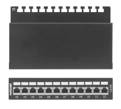 Intellinet Patch Panel, Cat6a, FTP, 12-Port, Desktop, Shielded, 90° Top-Entry Punch Down Blocks, Black