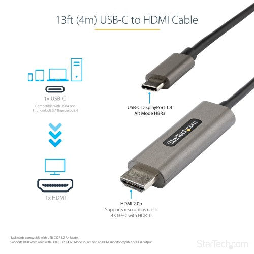StarTech.com 13ft (4m) USB C to HDMI Cable 4K 60Hz w/ HDR10 - Ultra HD USB Type-C to 4K HDMI 2.0b Video Adapter Cable - USB-C to HDMI HDR Monitor/Display Converter - DP 1.4 Alt Mode HBR3