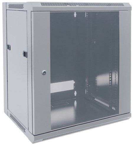 Intellinet 19" Network Cabinet - Wall Mount (Standard), 12U, 600mm Deep, Grey, Flatpack, Max 60kg, Metal & Glass Door, Back Panel, Removeable Sides, Suitable also for use on desk or floor, Usable Depth 410mm, Parts for wall install (eg screws/rawl plugs)