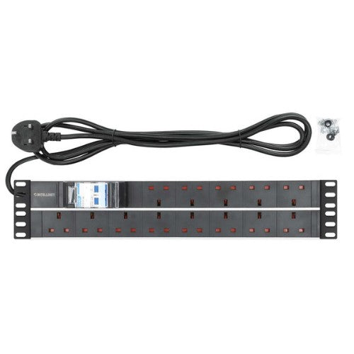 Intellinet 19" 2U PDU 15-way UK, With 2P air breaker, Rackmount, Power Distribution Unit, UK 3-pin outlets, 3m power cord, output