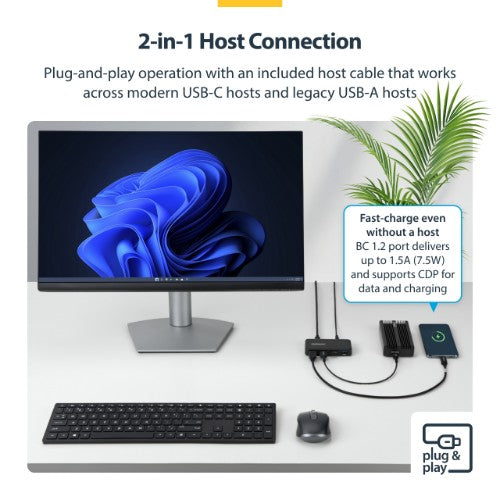 StarTech.com 4-Port USB-A Hub, 5Gbps, Self-Powered, 2-in-1 USB-C and USB-A Host Cable, 1x BC 1.2 Charging Port, 24W Power Adapter Included, MacBook and Windows