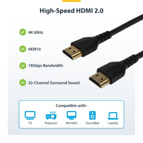 StarTech.com 3ft (1m) Slim HDMI Cable, Flexible Premium Certified HDMI 2.0 Cord with Ethernet, UHD 4K 60Hz HDR10, Durable Aramid Fiber Design with TPE Jacket