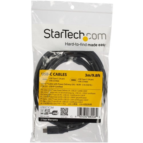 StarTech.com 10ft (3m) USB-C Fast Charging Cable, Charge & Sync, 100W (5A) PD, USB 2.0, USB-IF Certified - USB C Charging Cord