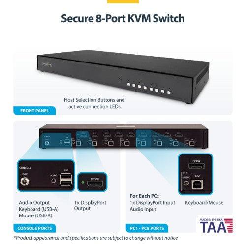StarTech.com Secure 8-Port KVM Switch, DisplayPort, 4K 60Hz, NIAP 4.0 Desktop KVM, Metal Housing, Made in the USA
