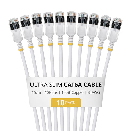 StarTech.com 15cm White Ultra Slim Cat6A Ethernet Cable, 10 Pack, Snagless, FTP, Pure Bare Copper Wire, 34AWG Ultra Slim RJ45 Network Patch Cord, Individually Tested
