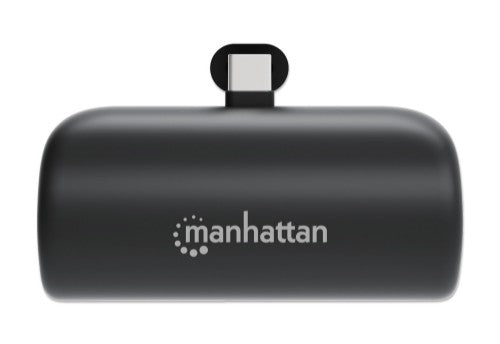 Manhattan Power Bank with integrated USB-C plug, 5000 mAh, Up to 20W output, Kickstand for Use as Charging Phone Holder, Black, One Year Warranty