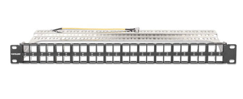 Intellinet 19" 48-Port Shielded Blank Patch Panel, 1U, Unloaded 19-inch Rackmount Keystone Panel for High-density Installations, Removable Cable-Management Bar, Black