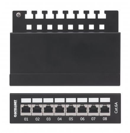 Intellinet Patch Panel, Cat6a, FTP, 8-Port, Desktop, Shielded, 90° Top-Entry Punch Down Blocks, Black