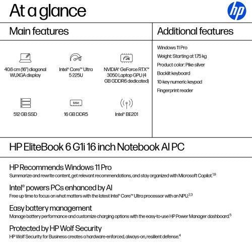HP EliteBook 6 G1i AI Intel Core Ultra 5 225U Laptop 40.6 cm (16") WUXGA 16 GB DDR5-SDRAM 512 GB SSD Wi-Fi 7 (802.11be) Windows 11 Pro AI PC Silver