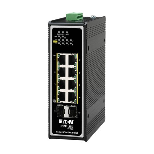 Tripp Lite NGI-U08C2POE8 8-Port Unmanaged Industrial Gigabit Ethernet Switch - 10/100/1000 Mbps, PoE+ 30W, 2 GbE SFP Slots, -40° to 75°C, DIN Mount