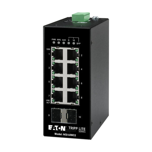 Tripp Lite NGI-U08C2 8-Port Unmanaged Industrial Gigabit Ethernet Switch - 10/100/1000 Mbps, 2 GbE SFP Slots, -40° to 75°C, DIN Mount