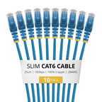 StarTech.com 25cm Blue Slim CAT6 Cable, 10 Pack, Snagless, 100W PoE, UTP, LSZH, 28AWG Pure Bare Copper Wire, Slim RJ45 Network Patch Cord w/Strain Reliefs, Individually Tested