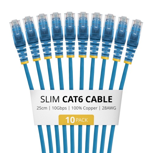 StarTech.com 25cm Blue Slim CAT6 Cable, 10 Pack, Snagless, 100W PoE, UTP, LSZH, 28AWG Pure Bare Copper Wire, Slim RJ45 Network Patch Cord w/Strain Reliefs, Individually Tested