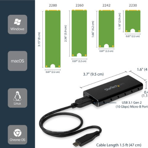 StarTech.com M.2 SSD Enclosure for M.2 SATA SSDs - USB 3.1 (10Gbps) with USB-C Cable - TAA