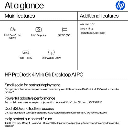 HP ProDesk 4 Mini G1i Intel Core Ultra 5 225T 16 GB DDR5-SDRAM 512 GB SSD Windows 11 Pro Mini PC AI PC Black