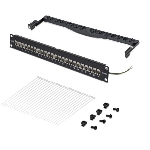StarTech.com 24 Port 1U Feed Through Patch Panel with Cable Management Bar, Rackmount Shielded Cat6a Ethernet Patch Panel with RJ45 STP Inline Couplers