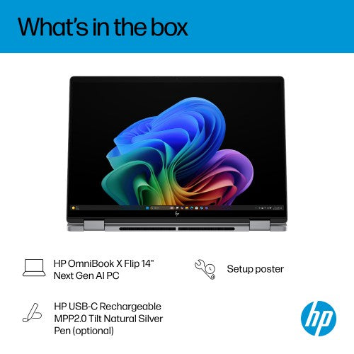HP OmniBook X Flip 14-fk0002na Copilot+ PC AMD Ryzen AI 7 350 Hybrid (2-in-1) 35.6 cm (14") Touchscreen 3K 16 GB LPDDR5x-SDRAM 1 TB SSD Wi-Fi 7 (802.11be) Windows 11 Home Silver