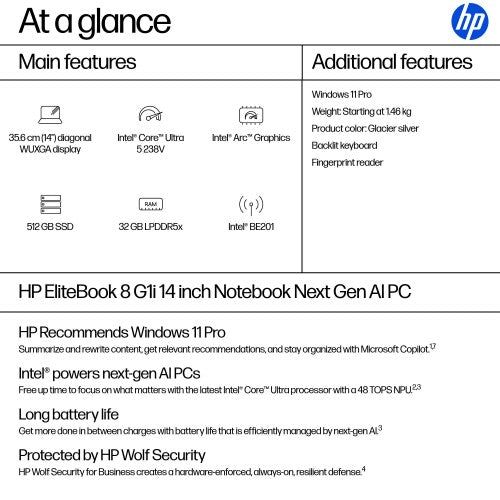 HP EliteBook 8 G1i Next Gen AI PC Copilot+ PC Intel Core Ultra 5 238V Laptop 35.6 cm (14") WUXGA 32 GB LPDDR5x-SDRAM 512 GB SSD Wi-Fi 7 (802.11be) Windows 11 Pro Silver