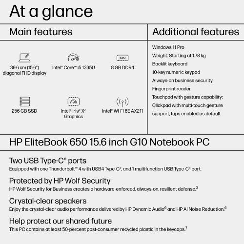 HP EliteBook 650 G10 Intel® Core™ i5 i5-1335U Laptop 39.6 cm (15.6") Full HD 8 GB DDR4-SDRAM 256 GB SSD Wi-Fi 6E (802.11ax) Windows 11 Pro Silver