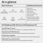 HP EliteBook 650 G10 Intel® Core™ i5 i5-1335U Laptop 39.6 cm (15.6") Full HD 8 GB DDR4-SDRAM 256 GB SSD Wi-Fi 6E (802.11ax) Windows 11 Pro Silver