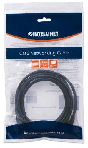Intellinet Network Patch Cable, Cat6, 3m, Black, CCA, U/UTP, PVC, RJ45, Gold Plated Contacts, Snagless, Booted, Lifetime Warranty