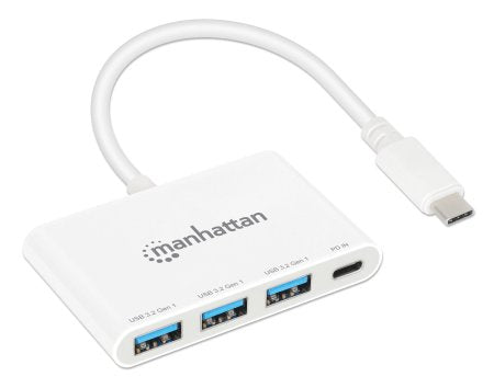 Manhattan USB-C Dock/Hub, Ports (4): USB-A (x3) and USB-C, 5 Gbps (USB 3.2 Gen1 aka USB 3.0), With Power Delivery (100W) to USB-C Port (Note additional USB-C wall charger and USB-C cable needed), Universal for all devices, SuperSpeed USB, White, PD