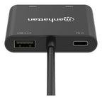 Manhattan USB-C to Dual HDMI & USB-A Adapter, Dual 4K@30Hz or Single 4K@60Hz, Power Delivery 100W, 480 Mbps (USB 2.0), Cable 15cm, Black, Male to Female, Three Year Warranty