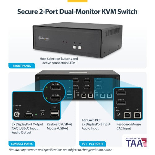 StarTech.com Secure 2-Port Dual-Monitor KVM Switch, DisplayPort, 4K 60Hz, NIAP 4.0 Desktop KVM, CAC, Metal Housing, Made in the USA