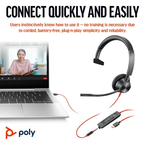 HP Poly Blackwire 3315 Monaural USB-C Headset +3.5mm Plug +USB-C/A Adapter