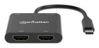 Manhattan USB-C to Dual HDMI & USB-A Adapter, Dual 4K@30Hz or Single 4K@60Hz, Power Delivery 100W, 480 Mbps (USB 2.0), Cable 15cm, Black, Male to Female, Three Year Warranty