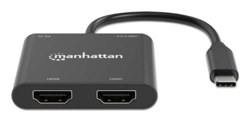 Manhattan USB-C to Dual HDMI & USB-A Adapter, Dual 4K@30Hz or Single 4K@60Hz, Power Delivery 100W, 480 Mbps (USB 2.0), Cable 15cm, Black, Male to Female, Three Year Warranty