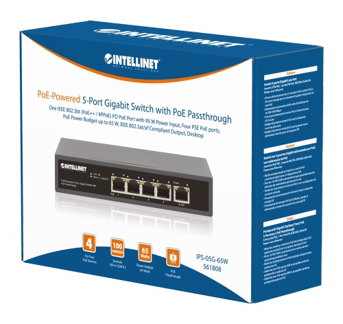 Intellinet 5-Port Gigabit Switch with PoE Passthrough, One IEEE 802.3bt (PoE++ / 4PPoE) PD PoE Port with 95 W Power Input, Four PSE PoE ports, PoE Power Budget up to 65 W, IEEE 802.3at/af Compliant Output, Desktop, Wall-mount Option (UK Power cord)