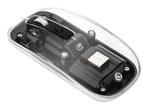 Manhattan Transparent Rechageable Wireless Mouse, Clear/Black, Adjustable 800/1200/1600dpi, With RGB LED light, 2.4Ghz (effective range up to 10m), USB, Optical, Ambidextrous, Four Button with Scroll Wheel, Slim Design, USB-A micro receiver, Lithium Ion b