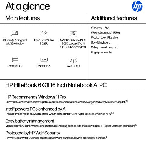HP EliteBook 6 G1i Intel Core Ultra 5 225U Laptop 40.6 cm (16") WUXGA 32 GB DDR5-SDRAM 512 GB SSD Wi-Fi 7 (802.11be) Windows 11 Pro AI PC Silver